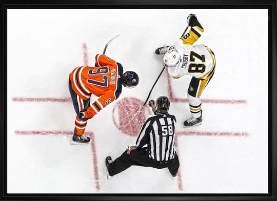 Connor McDavid and Sidney Crosby Framed 20" x 29" Overhead Face-off Canvas 31.5" x 22.5"